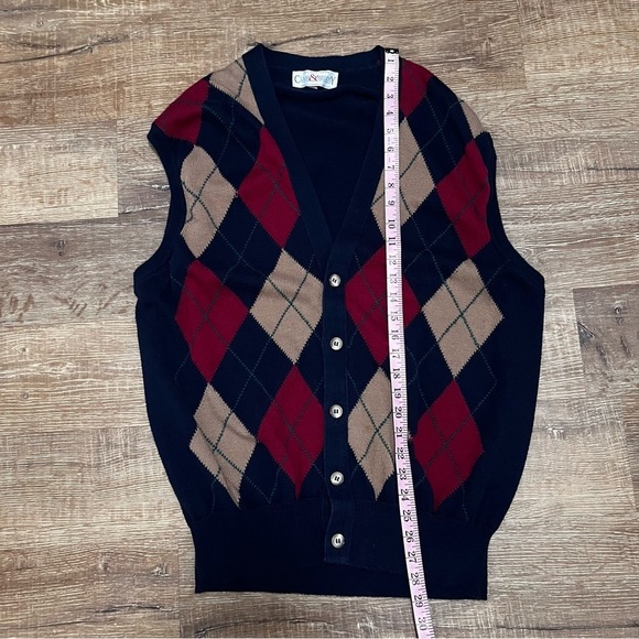 VINTAGE Clark & Gregory Argyle Cotton Navy Blue Red Tan Sweater Vest Size XL - Picture 6 of 7